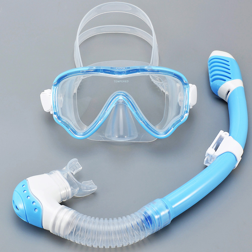 Freediving Mask Set - ชุดหน้ากากดำน้ำสำหรับเด็กแว่นตาว่ายน้ำกระจกเทมเปอร์มุมมองแบบพาโนรามาป้องกันการรั่วไหลป้องกันหมอกแห้งเด็กหญิงเด็กชายเยาวชน