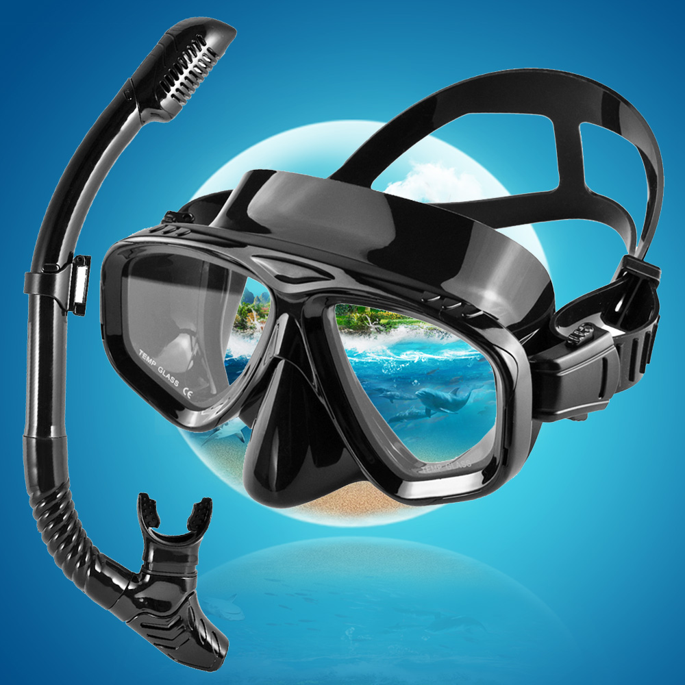 Freediving Mask Set - ท่อหายใจดำน้ำชุดหน้ากากดำน้ำมืออาชีพแว่นตาว่ายน้ำสกูบ้าป้องกันการรั่วไหลป้องกันหมอกมุมมองกว้างเลนส์กระจกนิรภัยผู้ใหญ่เยาวชน